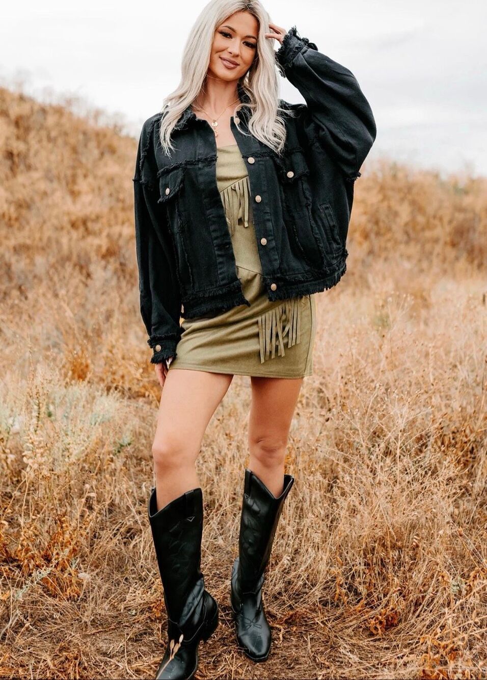 Black Oversized Raw Hem Denim Shacket Jacket Frayed Trucker Button Up HYFVE L - Picture 4 of 15